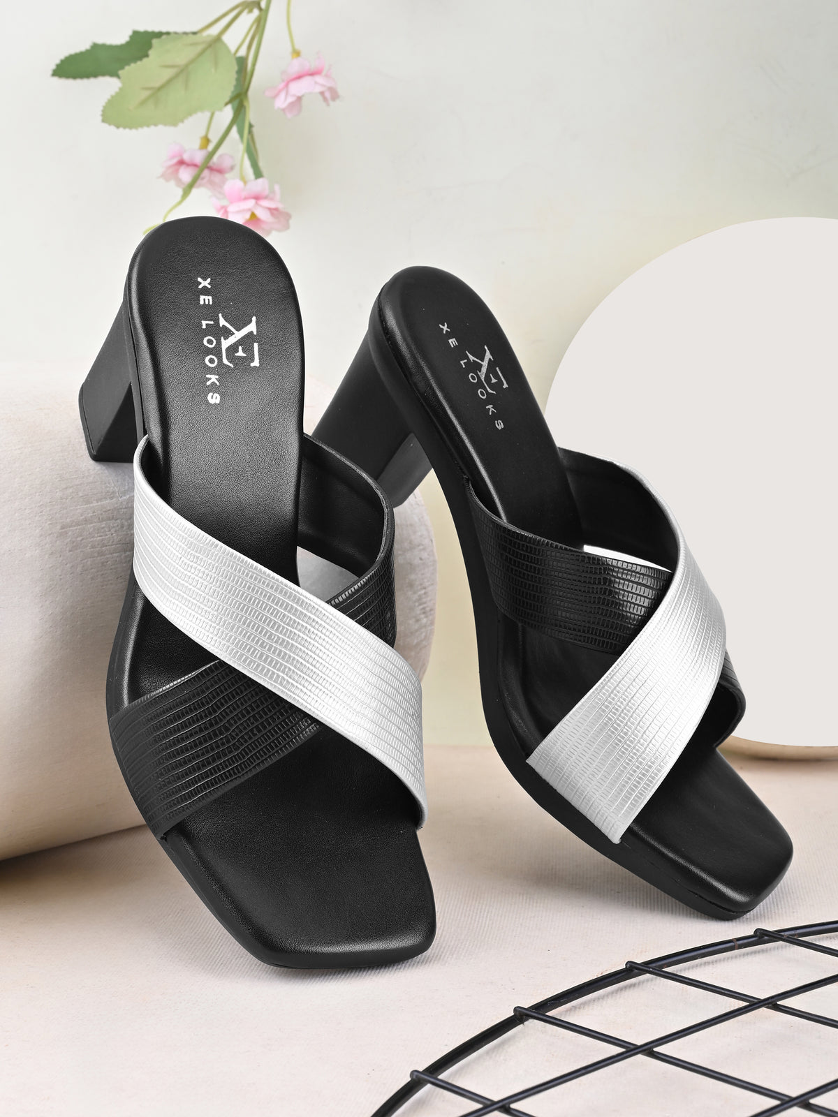 TEXTURED CROSS-STRAP SQUARE TOE BLOCK HEEL MULES