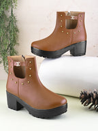 Studded Cutout Accent Platform Block Heel Ankle Boots