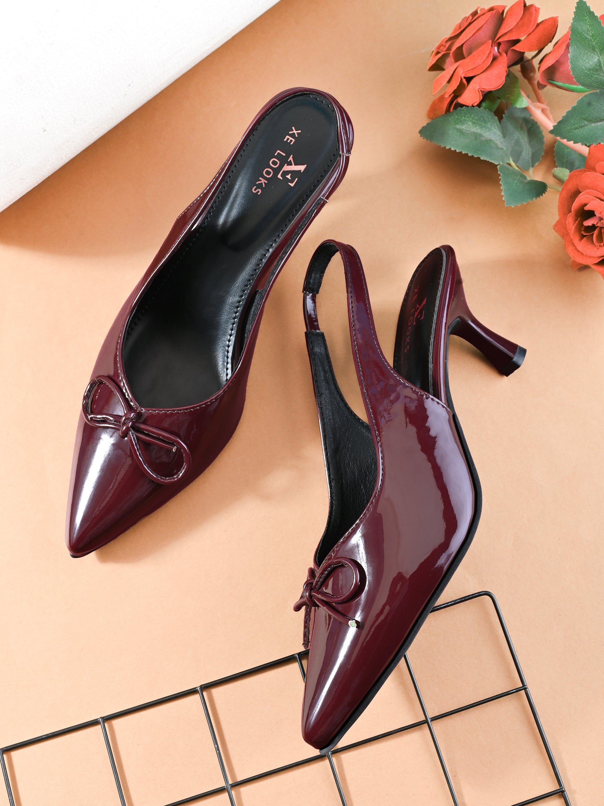 Glossy Patent-Finish Bow Detail Slingback Pointed Toe Pumps