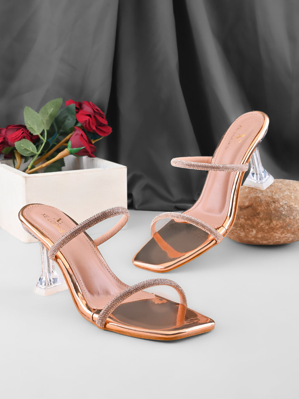 Rhinestone Double Strap Transparent Sculpted Heel Sandals