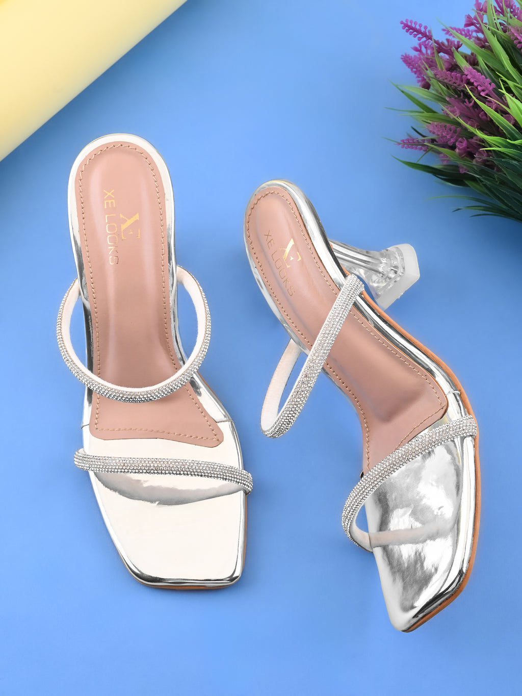 Rhinestone Double Strap Transparent Sculpted Heel Sandals