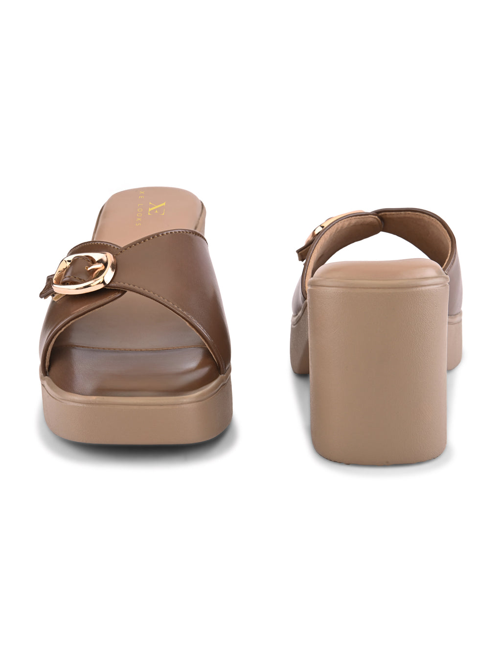 Glossy Buckle Accent Slip-On Block Heel Sandals
