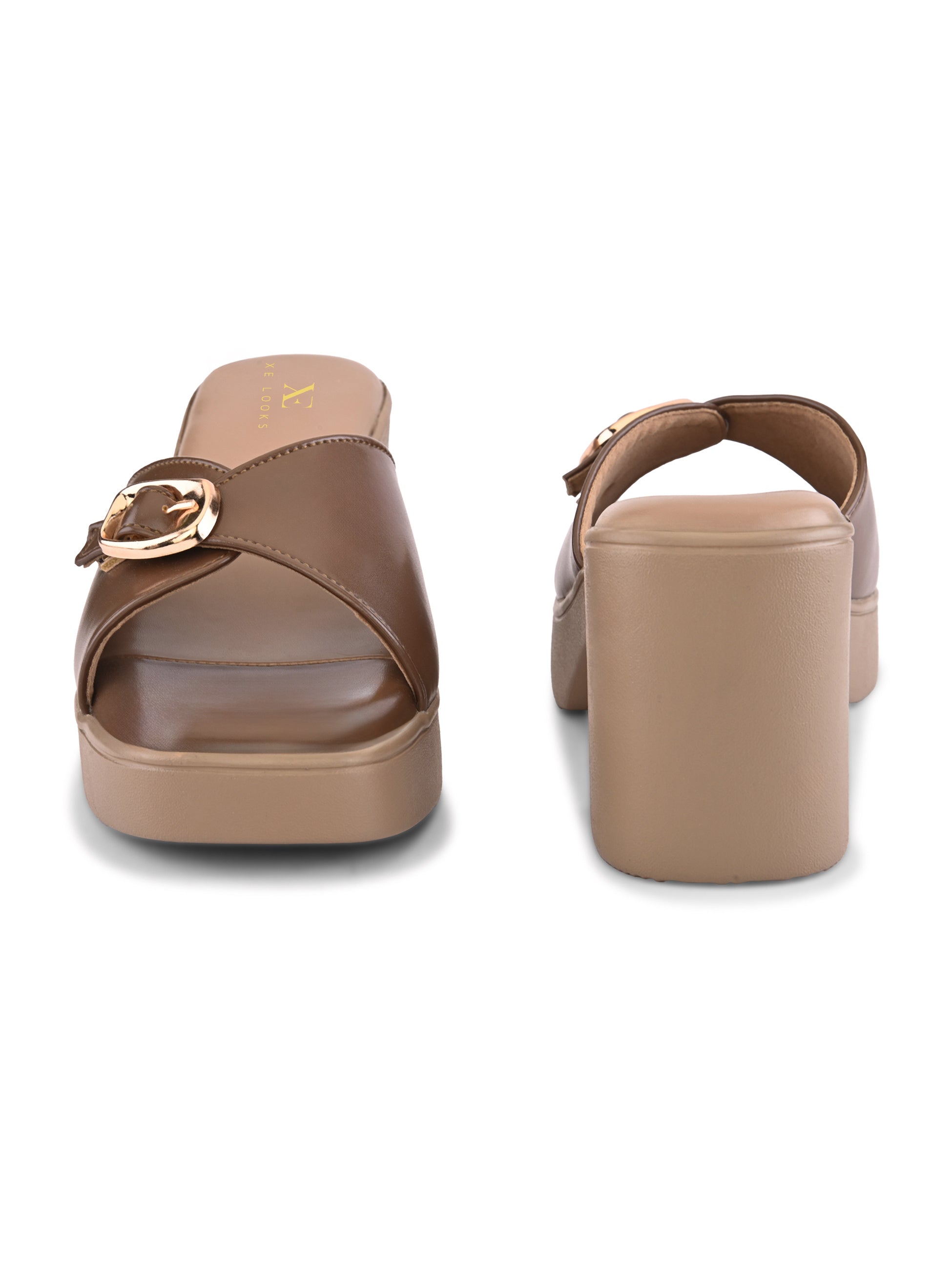 Glossy Buckle Accent Slip-On Block Heel Sandals