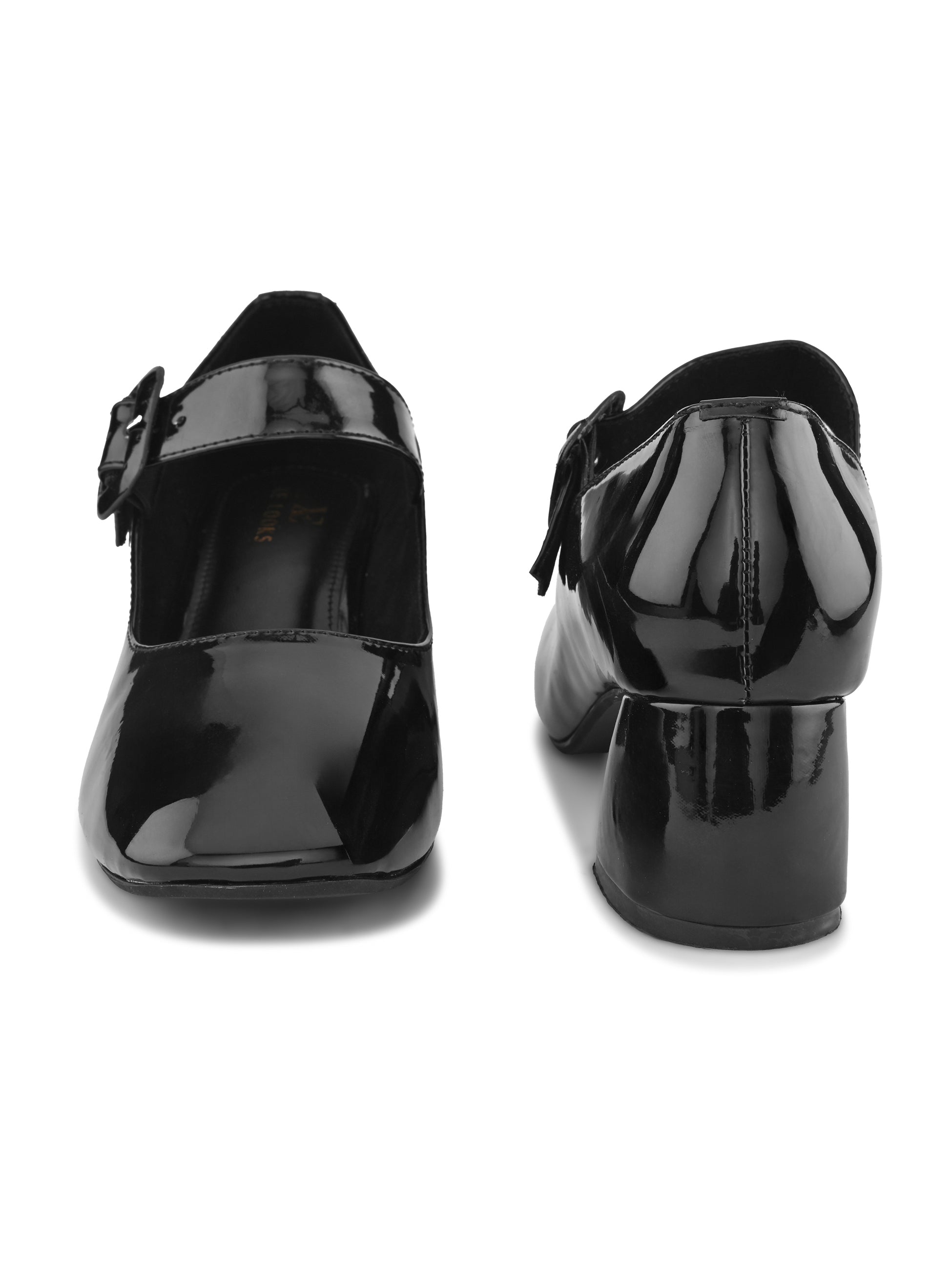 Glossy Patent-Finish Buckle Strap Block Heel Closed Toe Pumps