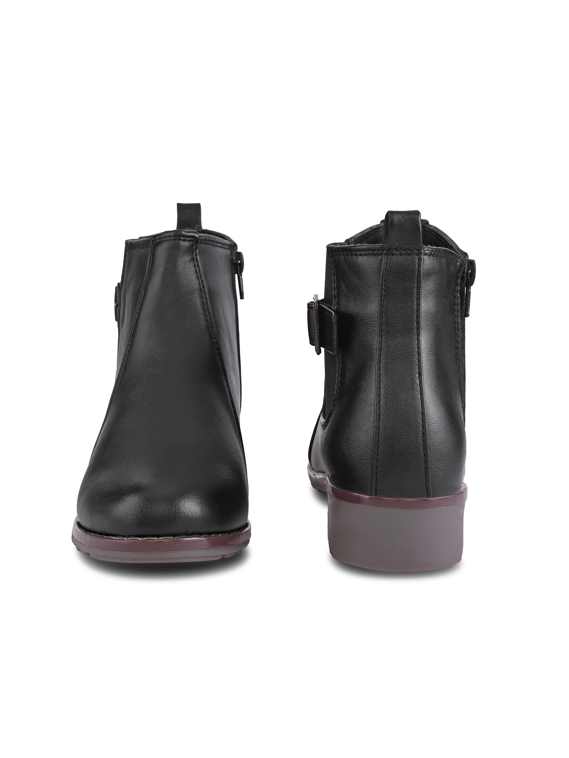 Buckle Accent Side Elastic Low Block Heel Ankle Boots