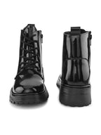 Glossy Lace-Up Side Zip Chunky Sole Ankle Boots