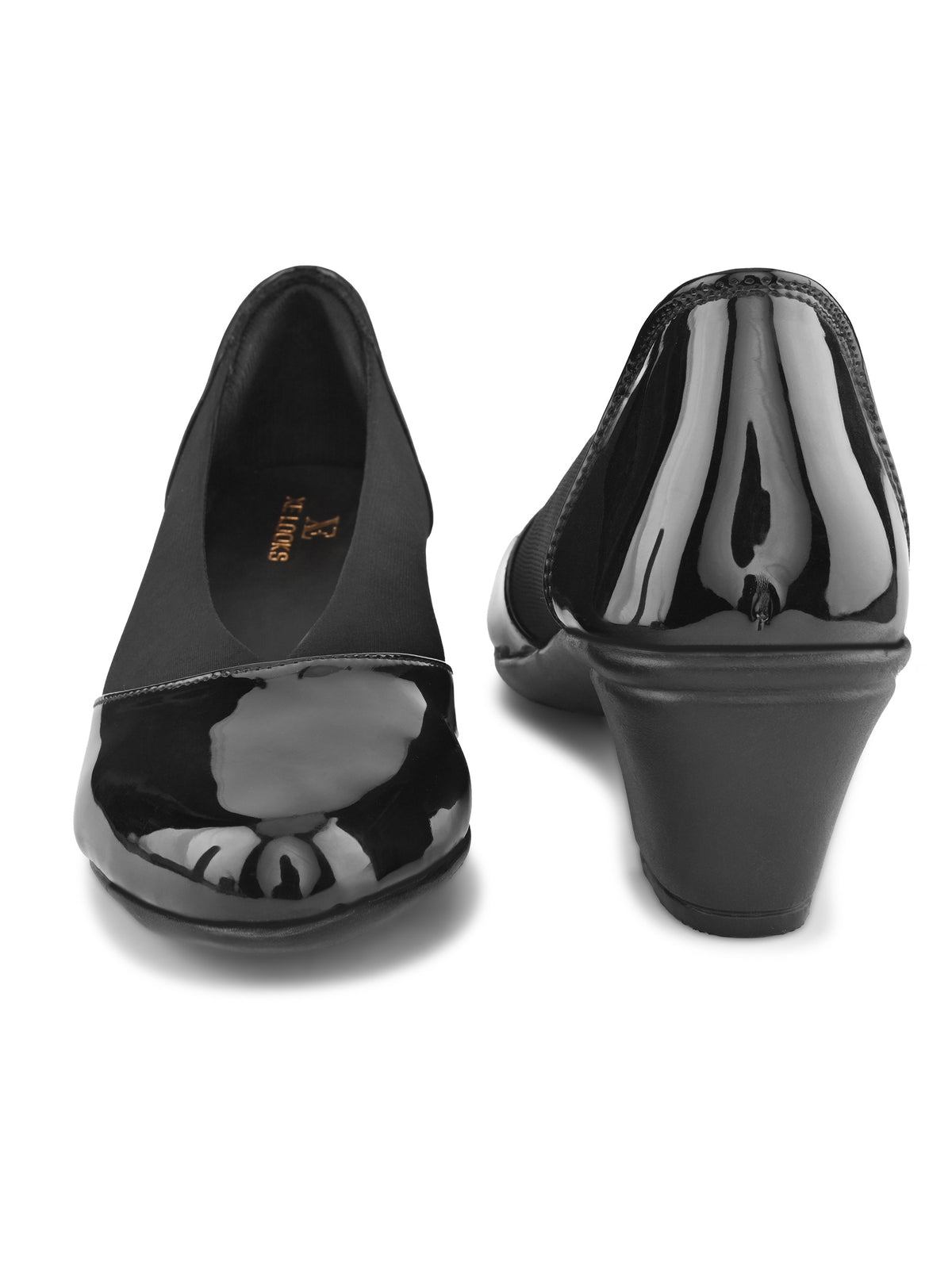 Glossy Almond Toe Stretch Panel Slip-On Pumps