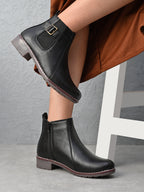 Buckle Accent Side Elastic Low Block Heel Ankle Boots