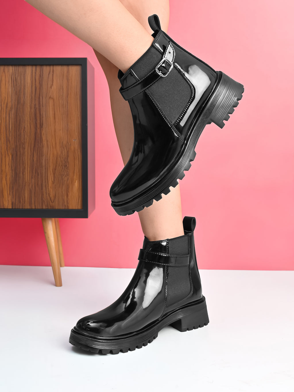 Elastic Buckle Accent Chunky Sole Chelsea Boots