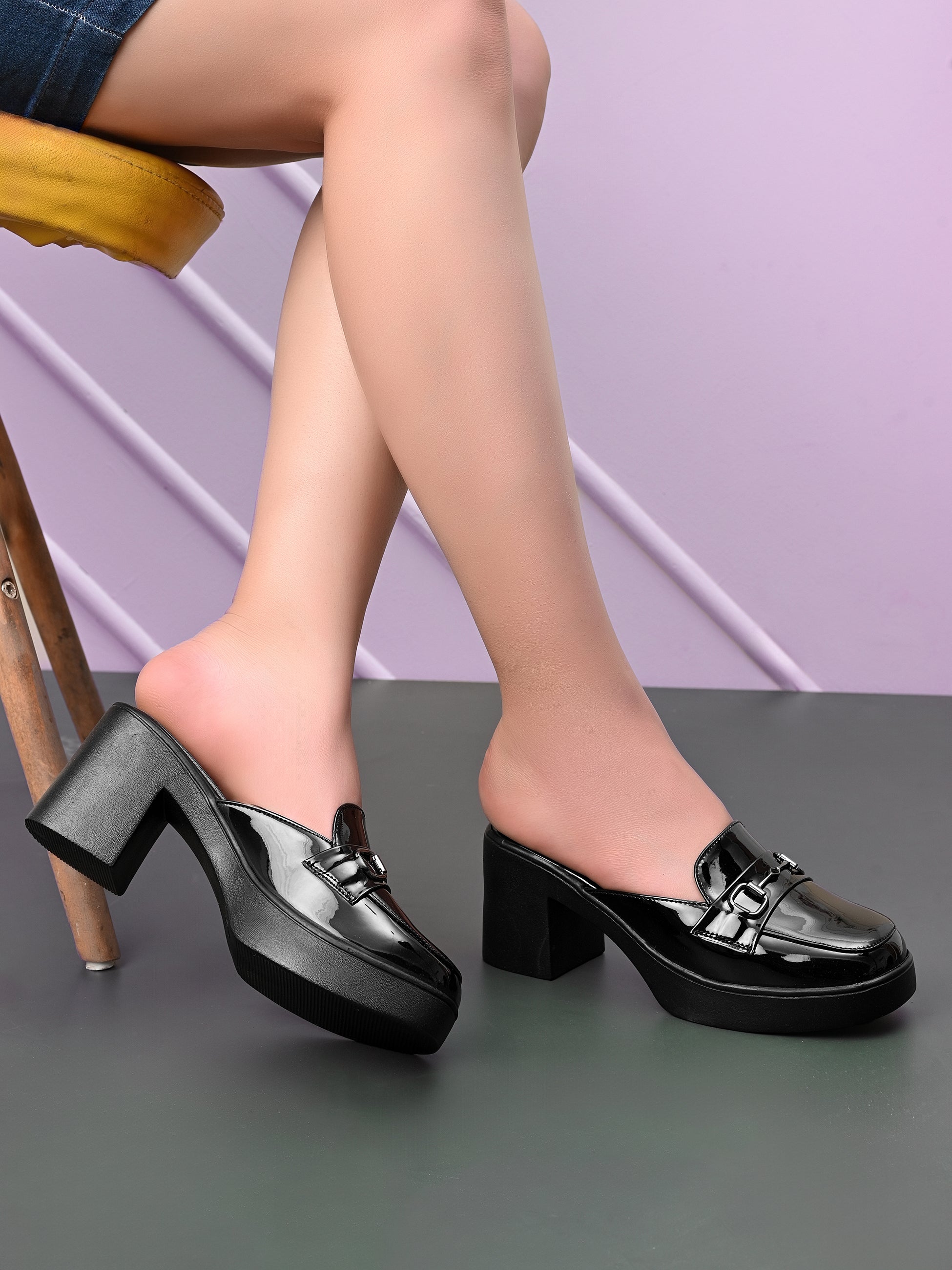 Elegant Patent Mule Loafers with Metal Chain Detail