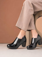 GLOSSY FINISH SLIP-ON BLOCK HEEL LOAFERS