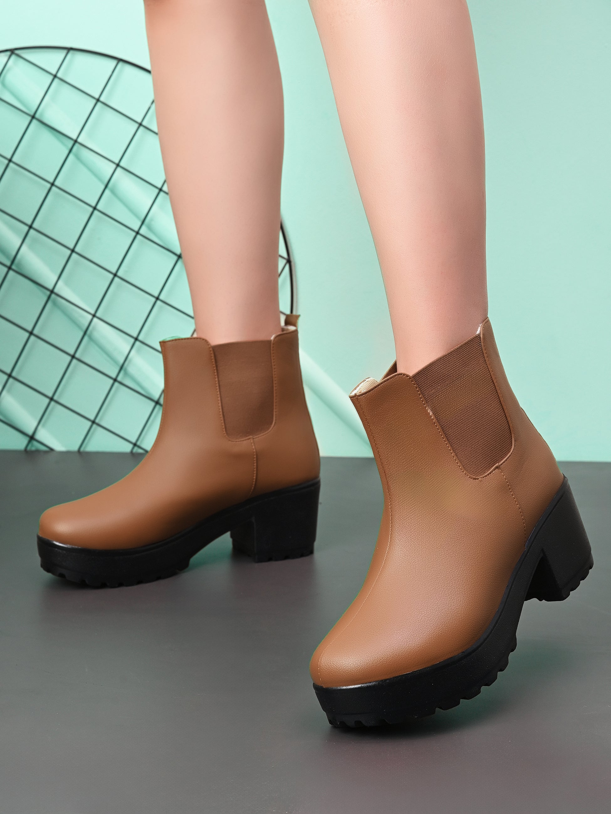 Elastic Panel Chunky Platform Block Heel Chelsea Boots