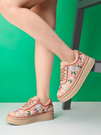Embroidered Floral Lace-Up Platform Sneakers
