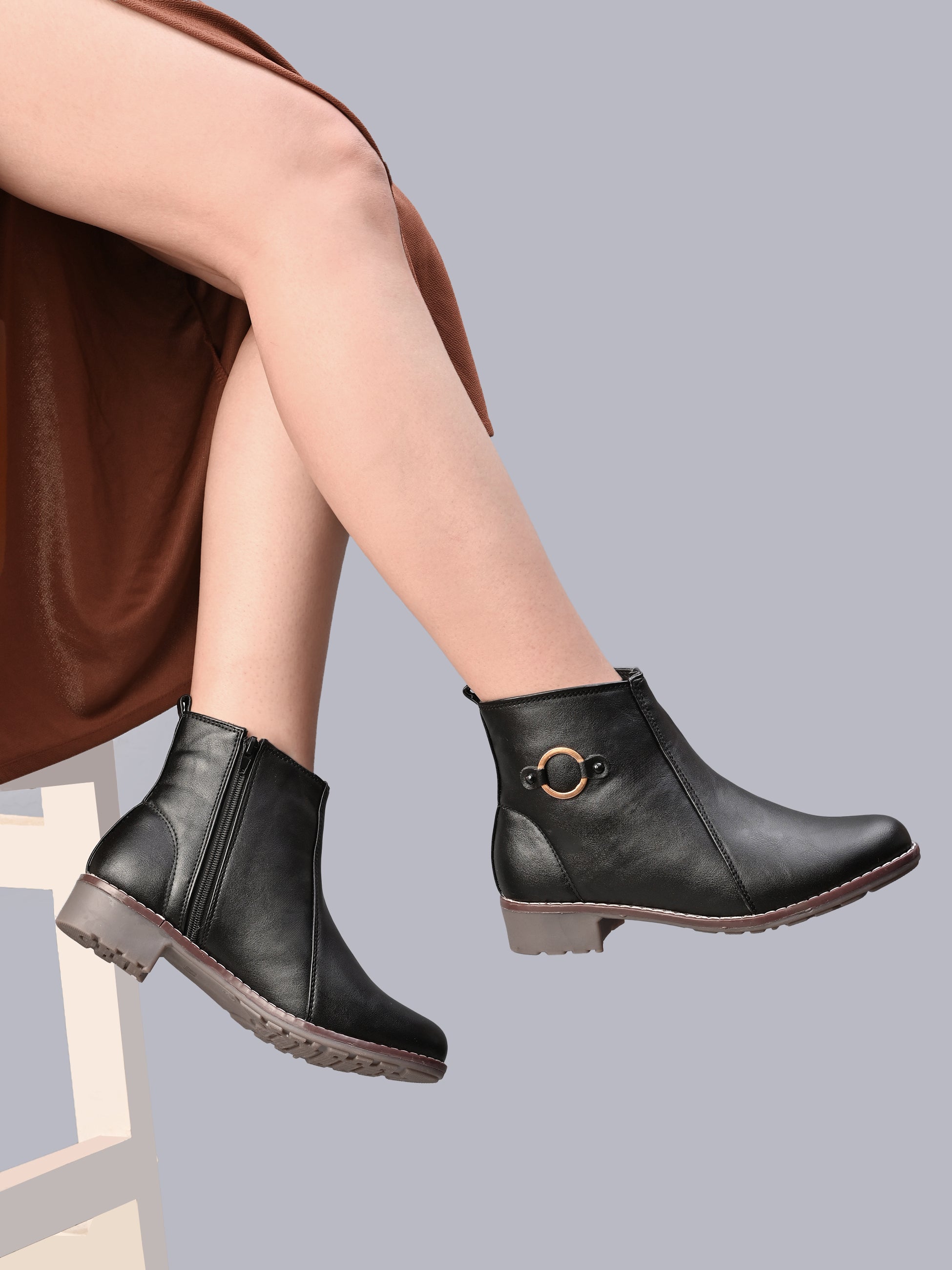 Side Zip Cushioned Low Block Heel Ankle Boots
