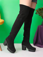Stretch-Fit Over-the-Knee Platform Block Heel Boots