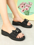 Wedge Slide Sandals Soft Bow Accent on Wide Upper Strap