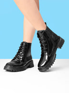 Glossy Lace-Up Side Zip Chunky Sole Ankle Boots