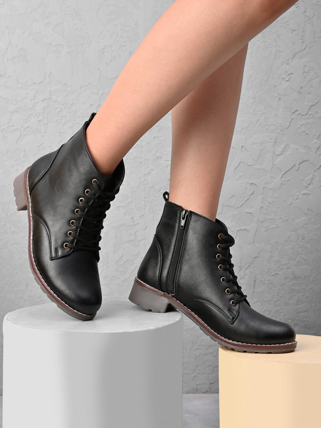 Lace Up Side Zip Cushioned Low Block Heel Ankle Boots