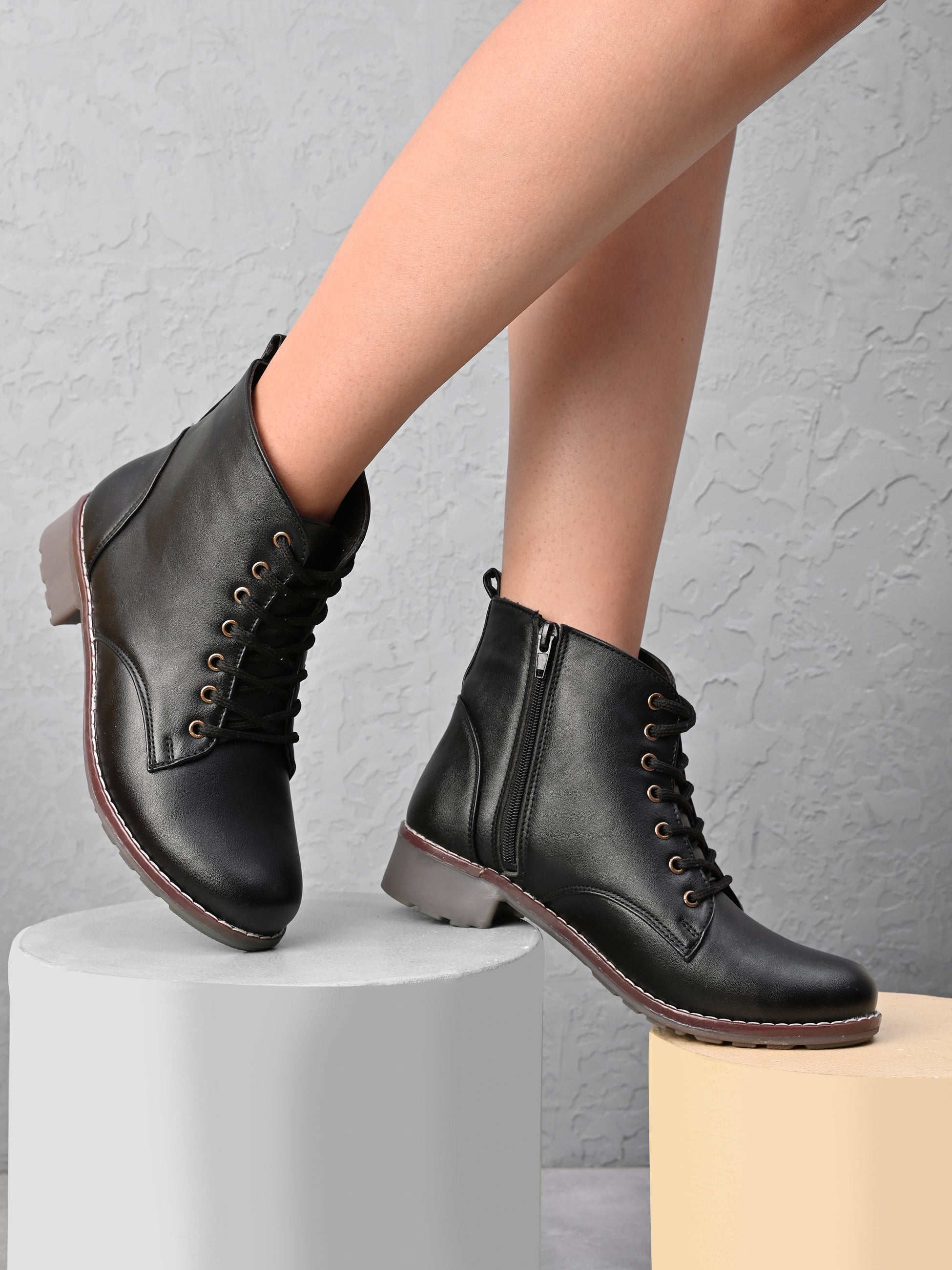 Lace Up Side Zip Cushioned Low Block Heel Ankle Boots