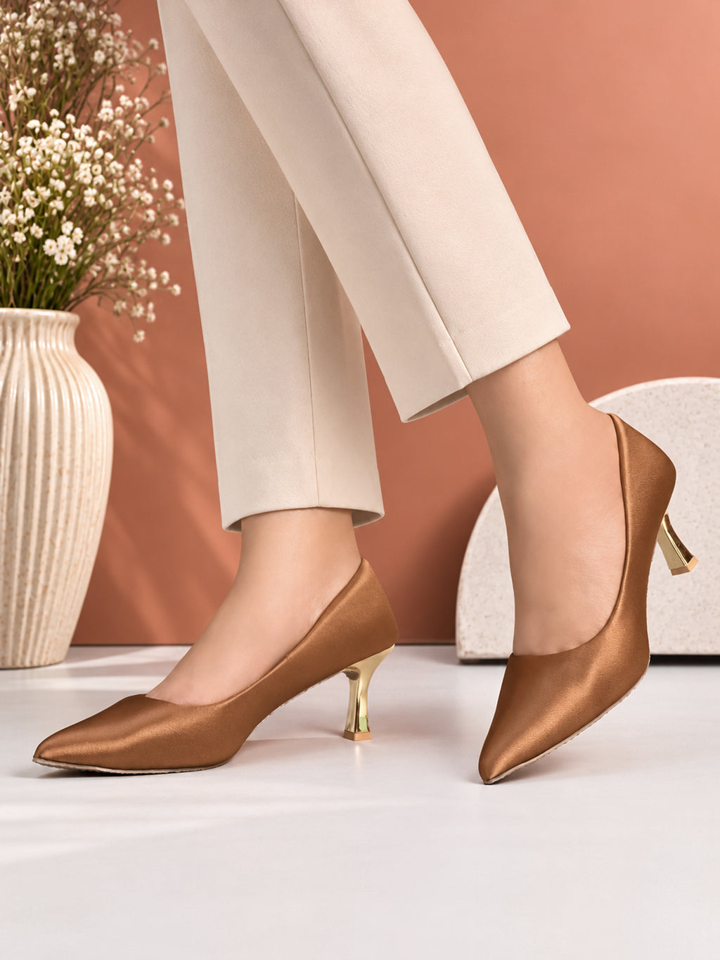 Textured Pointed Toe Sculpted Heel Slip-On Pumps