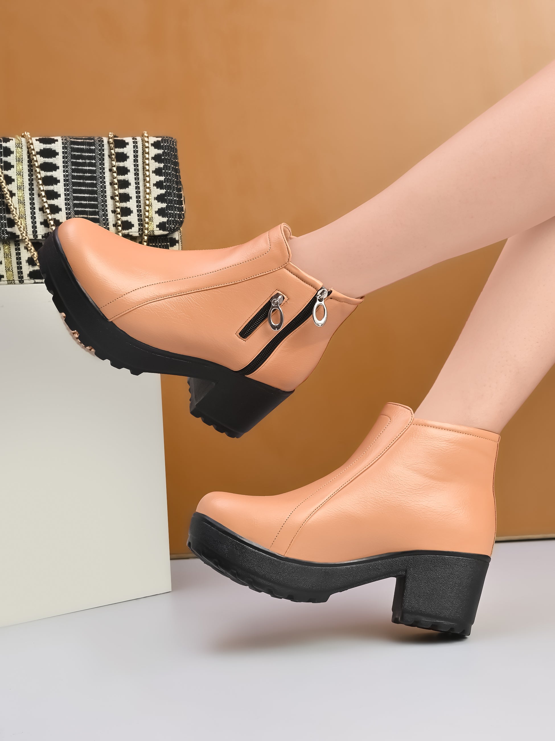 DUAL ZIP CHUNKY BLOCK HEEL PLATFORM ANKLE BOOTS