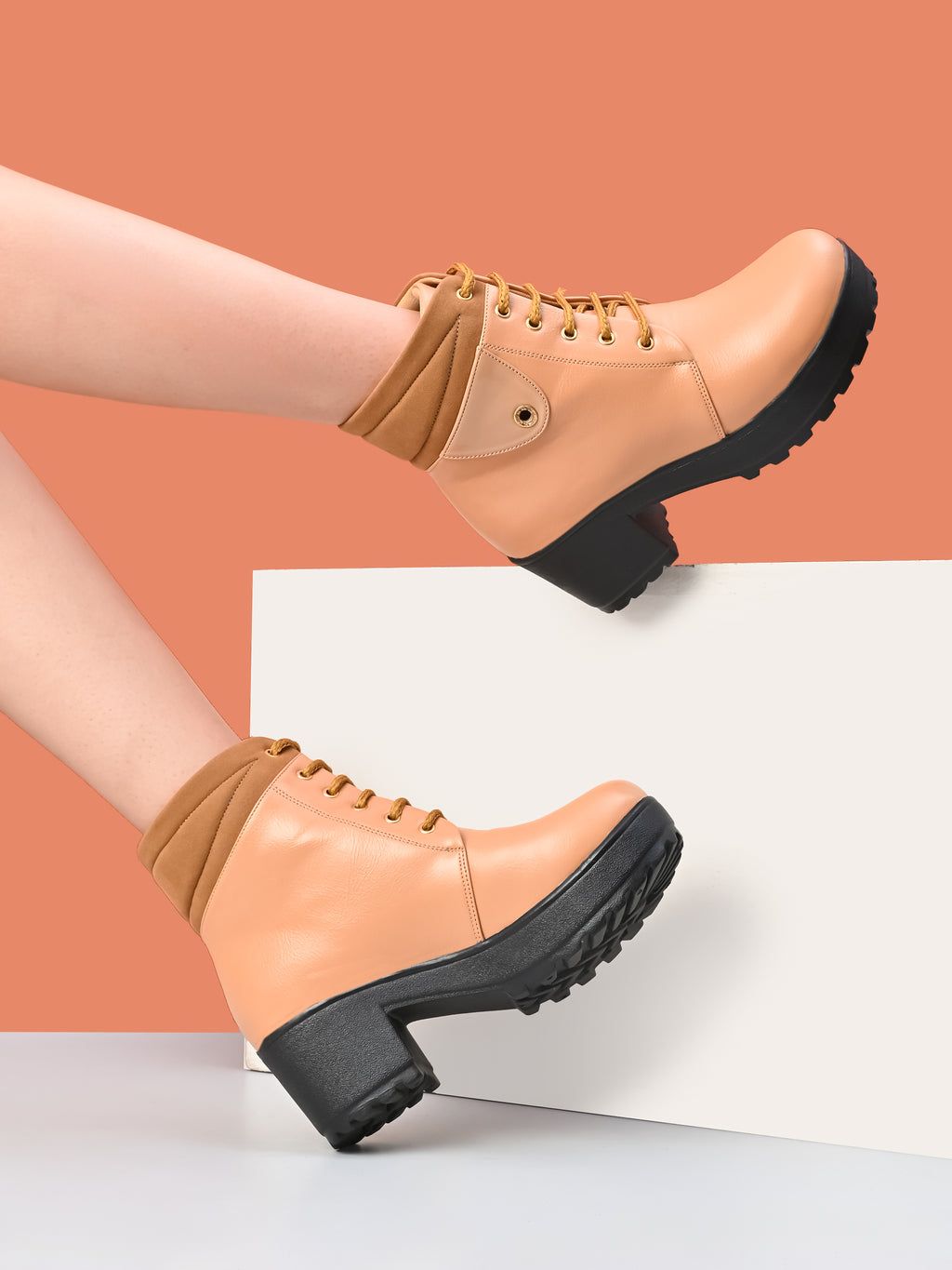 LACE-UP CHUNKY BLOCK HEEL PLATFORM ANKLE BOOTS