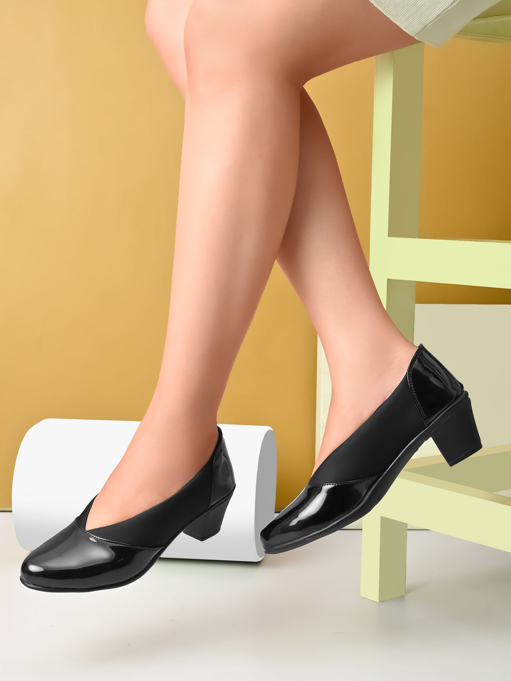 Glossy Almond Toe Stretch Panel Slip-On Pumps