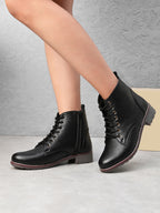 Lace Up Side Zip Cushioned Low Block Heel Ankle Boots