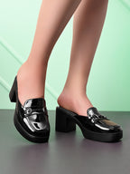 Elegant Patent Mule Loafers with Metal Chain Detail