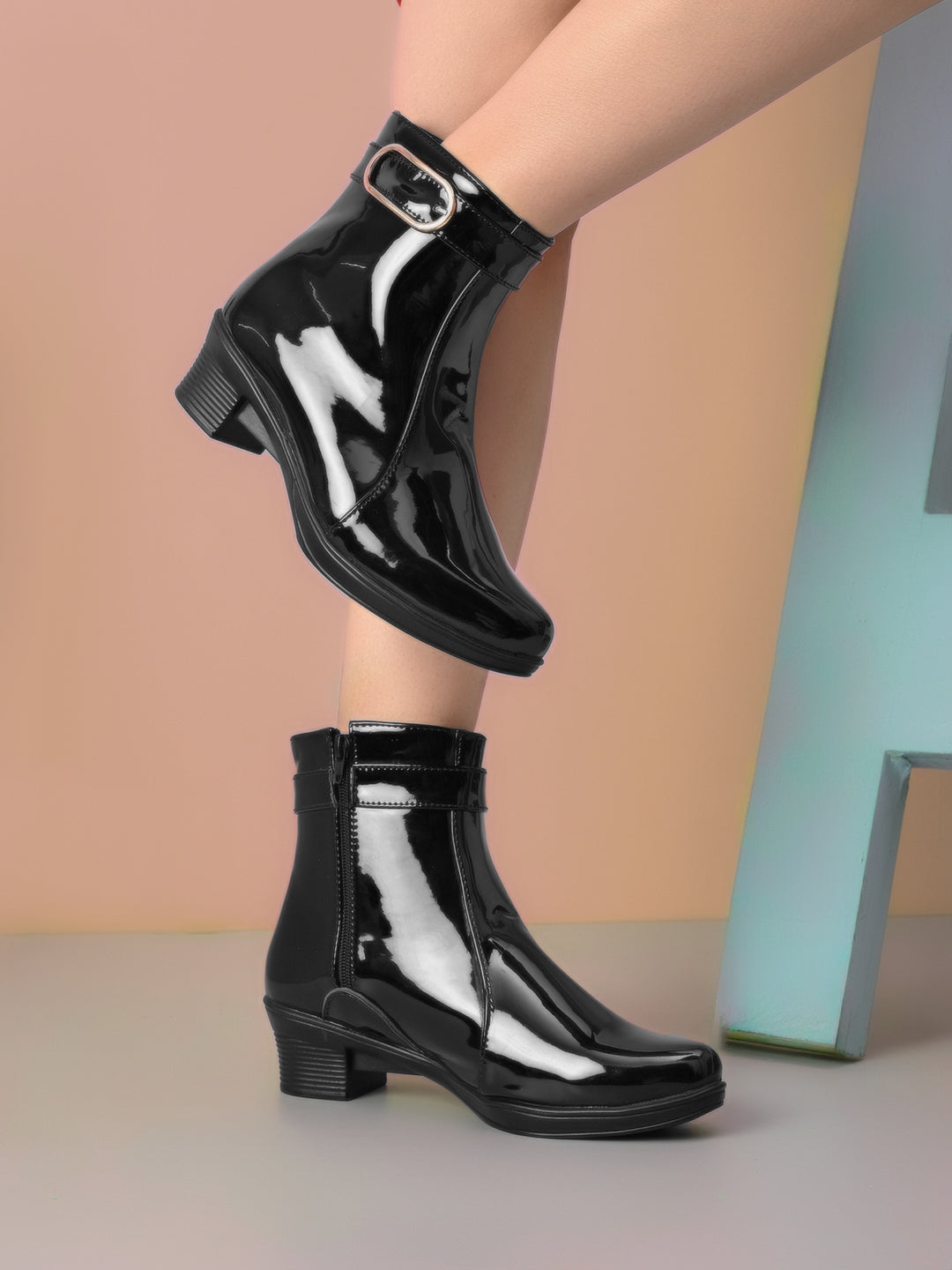 Glossy Buckle Accent Side Zip Block Heel Ankle Boots