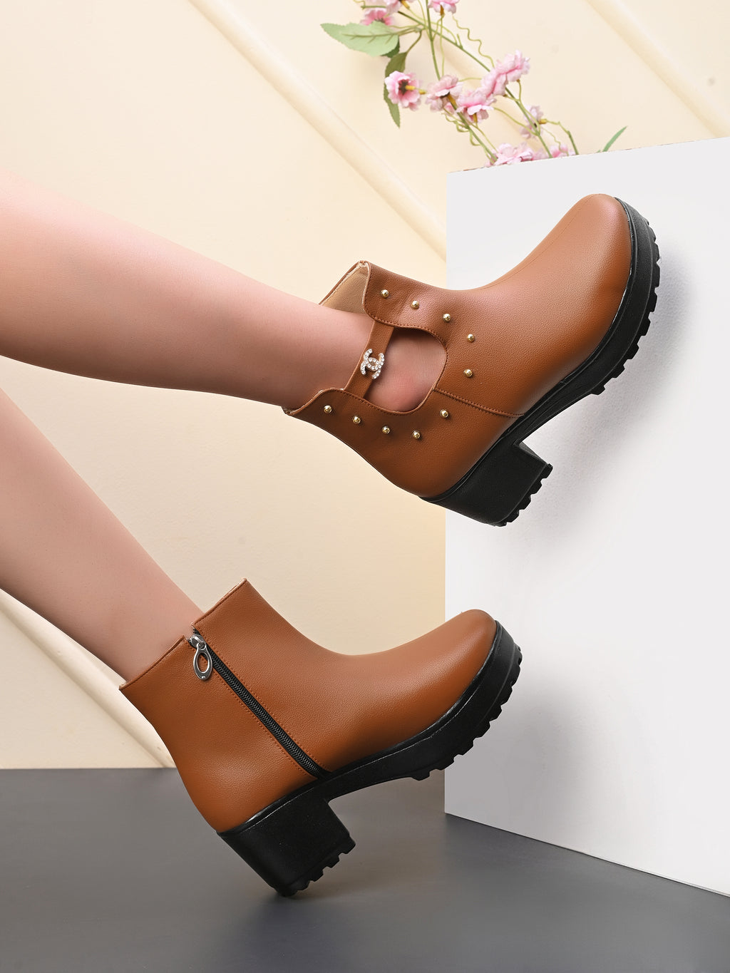 Studded Cutout Accent Platform Block Heel Ankle Boots