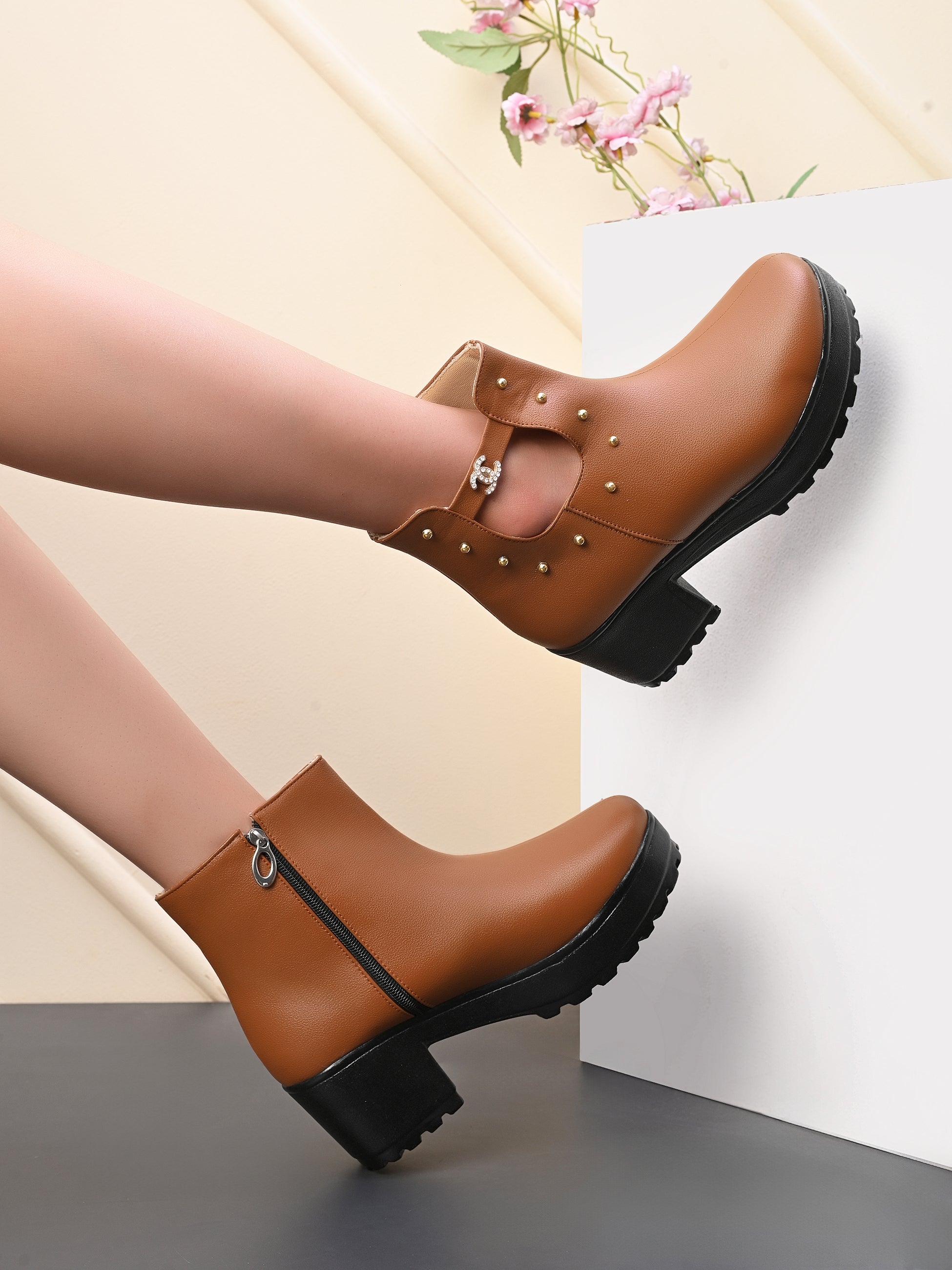 Studded Cutout Accent Platform Block Heel Ankle Boots