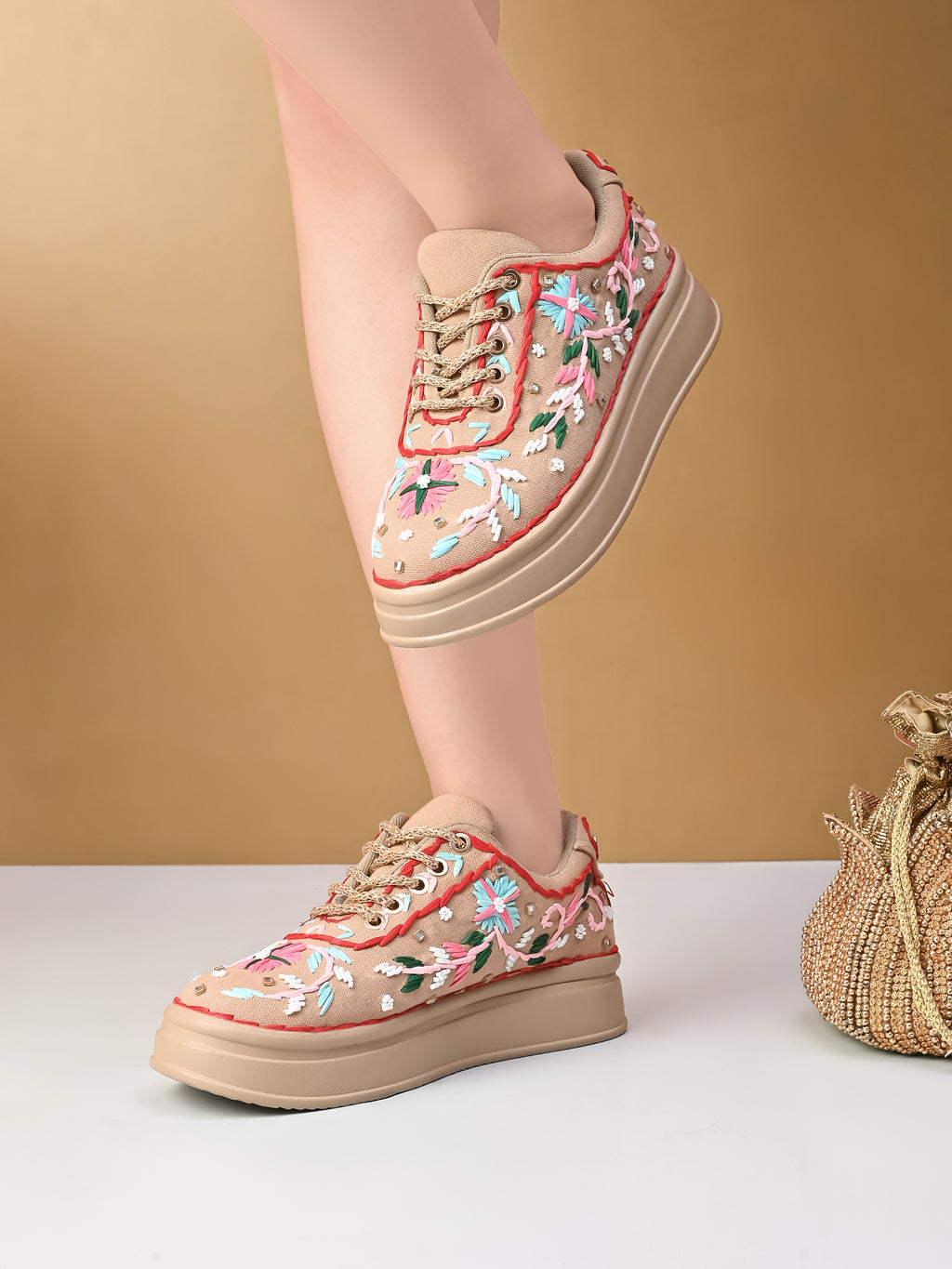 Embroidered Floral Lace-Up Platform Sneakers