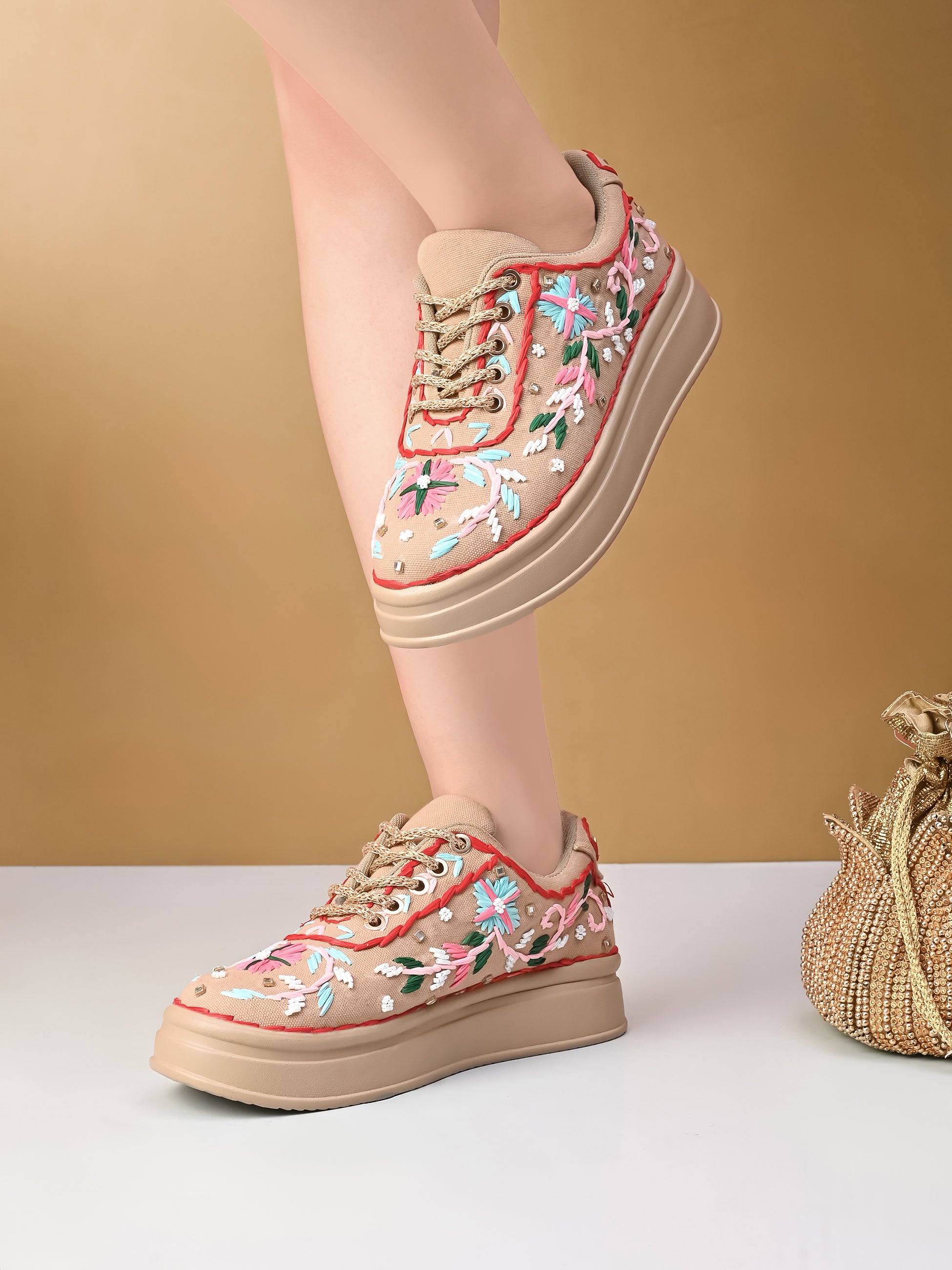 Embroidered Floral Lace-Up Platform Sneakers