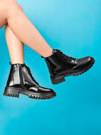 Glossy Lace-Up Side Zip Chunky Sole Ankle Boots