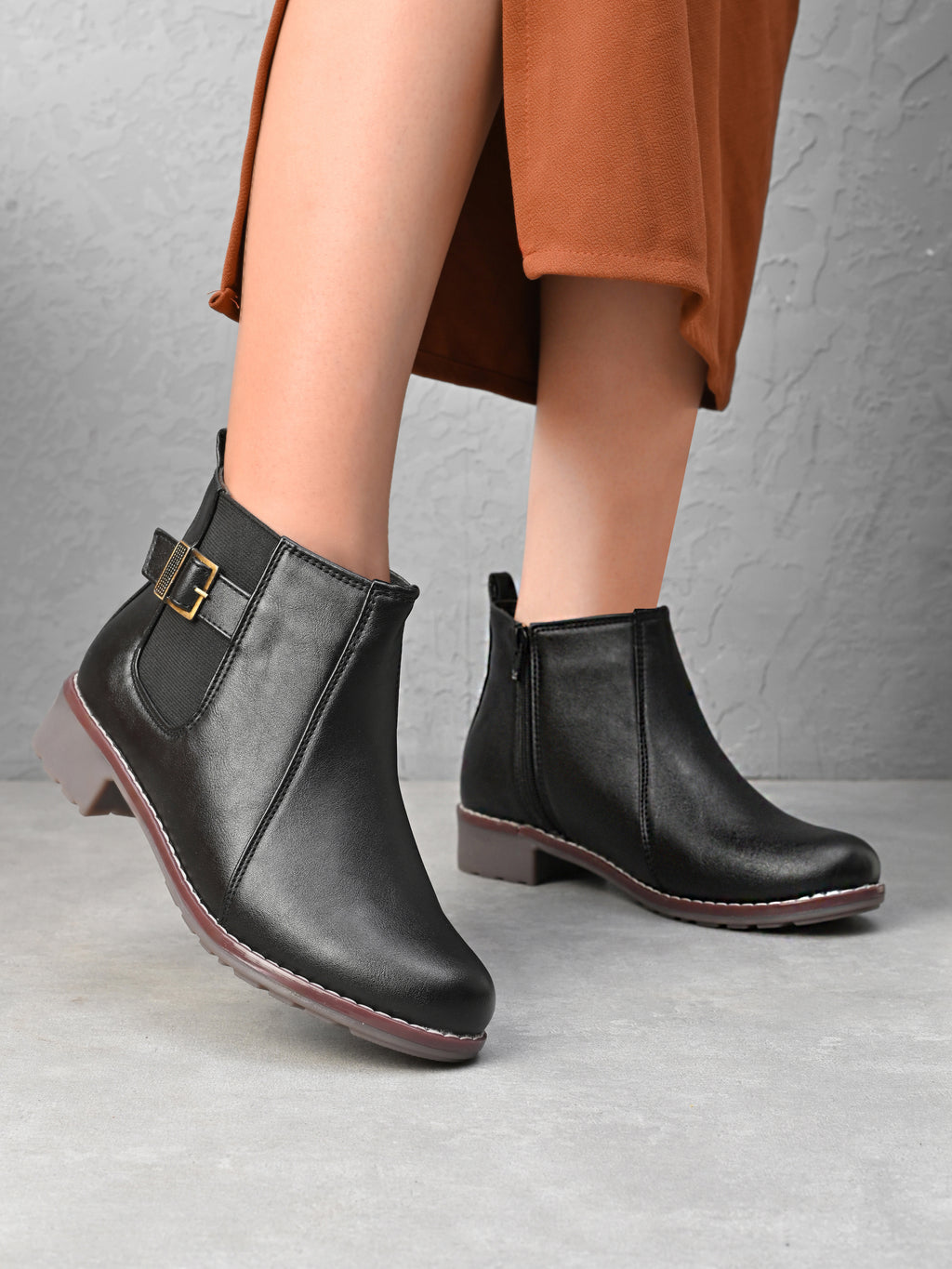 Buckle Accent Side Elastic Low Block Heel Ankle Boots