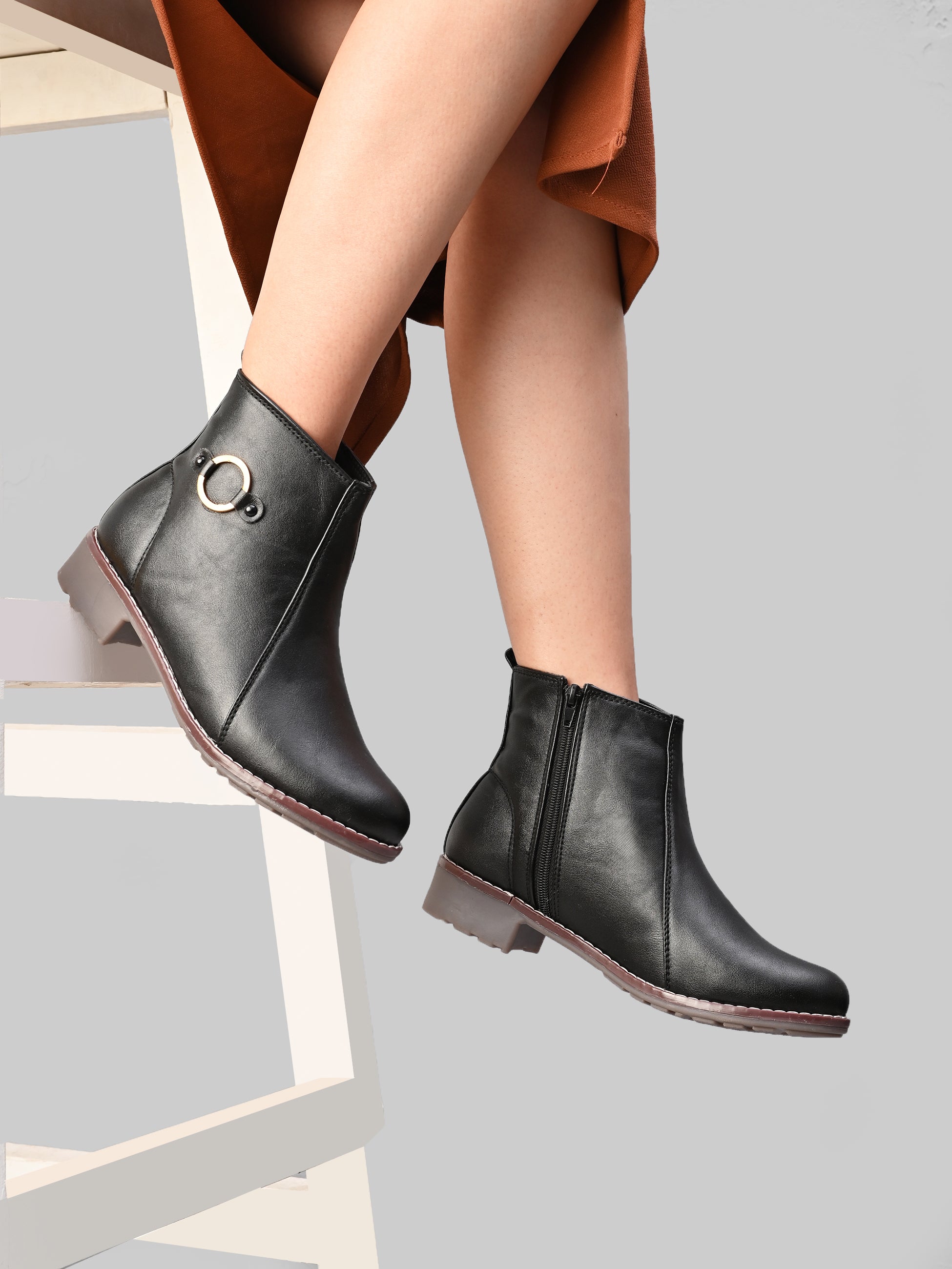 Side Zip Cushioned Low Block Heel Ankle Boots