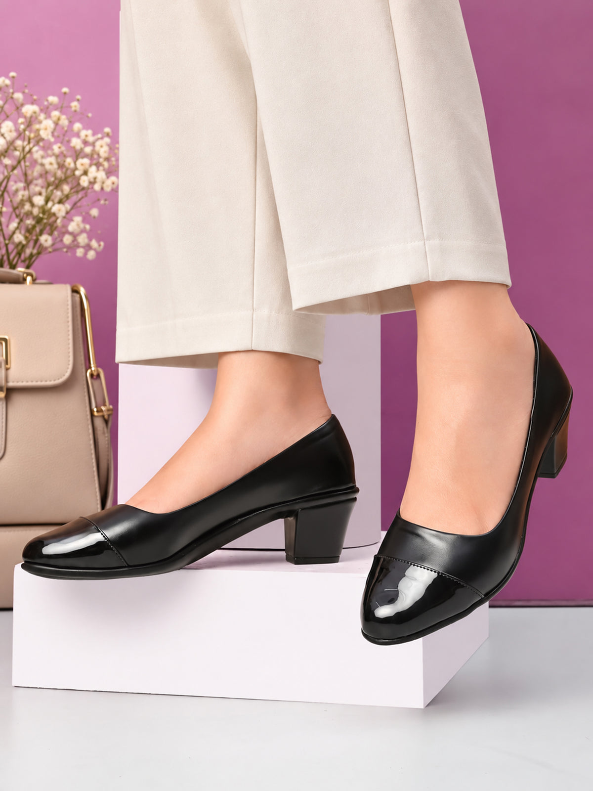 Glossy Cap Toe Slip-On Pumps