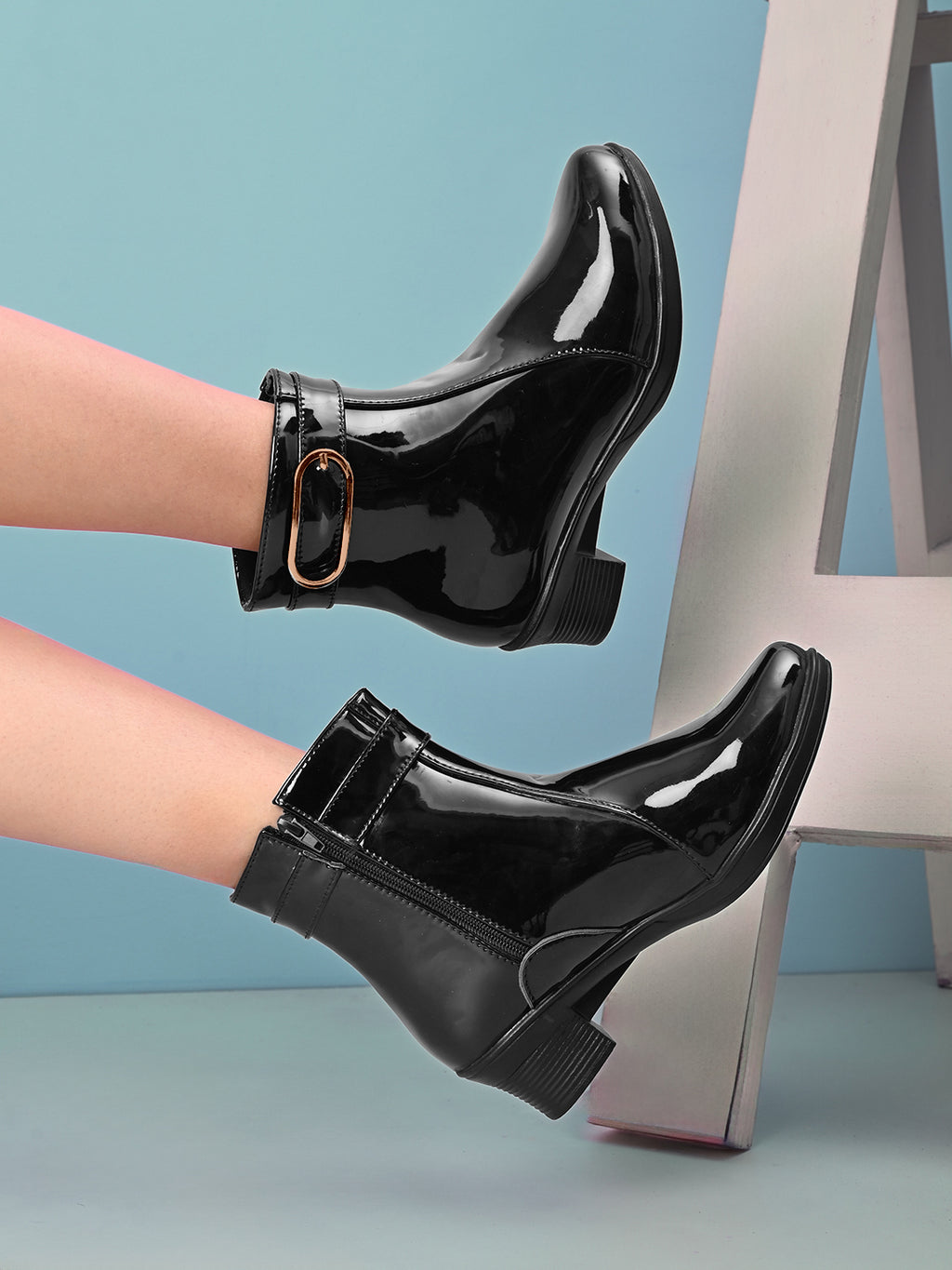 Glossy Buckle Accent Side Zip Block Heel Ankle Boots