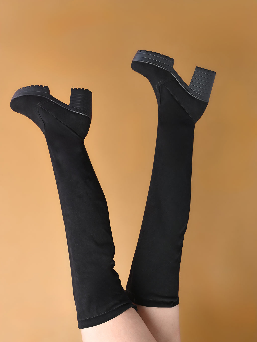 Stretch-Fit Over-the-Knee Platform Block Heel Boots