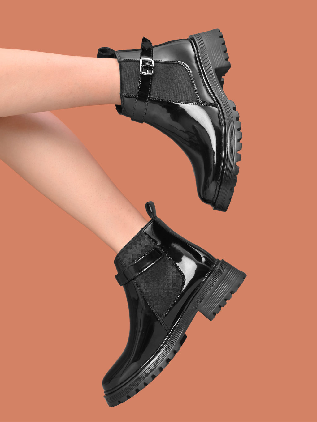 Elastic Buckle Accent Chunky Sole Chelsea Boots