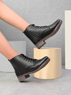 Lace Up Side Zip Cushioned Low Block Heel Ankle Boots