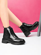 Glossy Lace-Up Side Zip Chunky Sole Ankle Boots