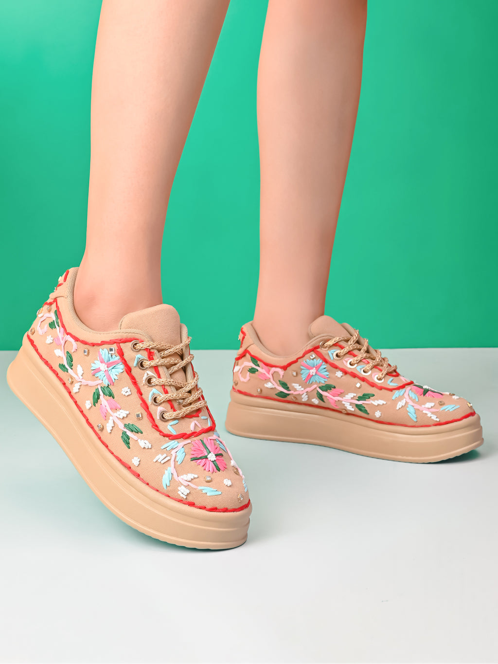 Embroidered Floral Lace-Up Platform Sneakers