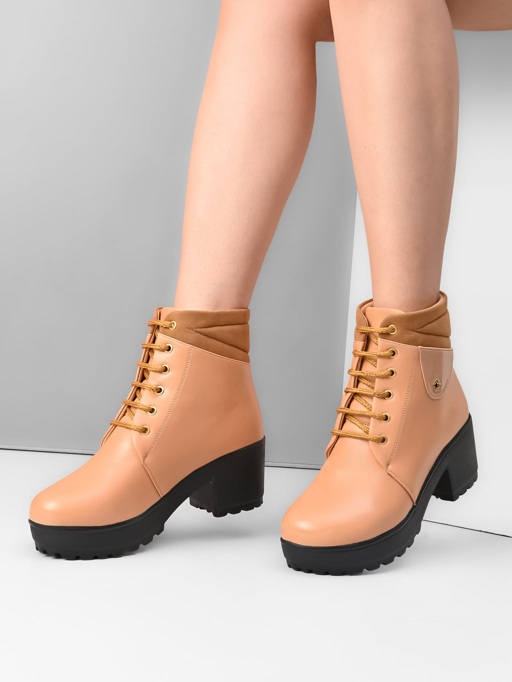 LACE-UP CHUNKY BLOCK HEEL PLATFORM ANKLE BOOTS