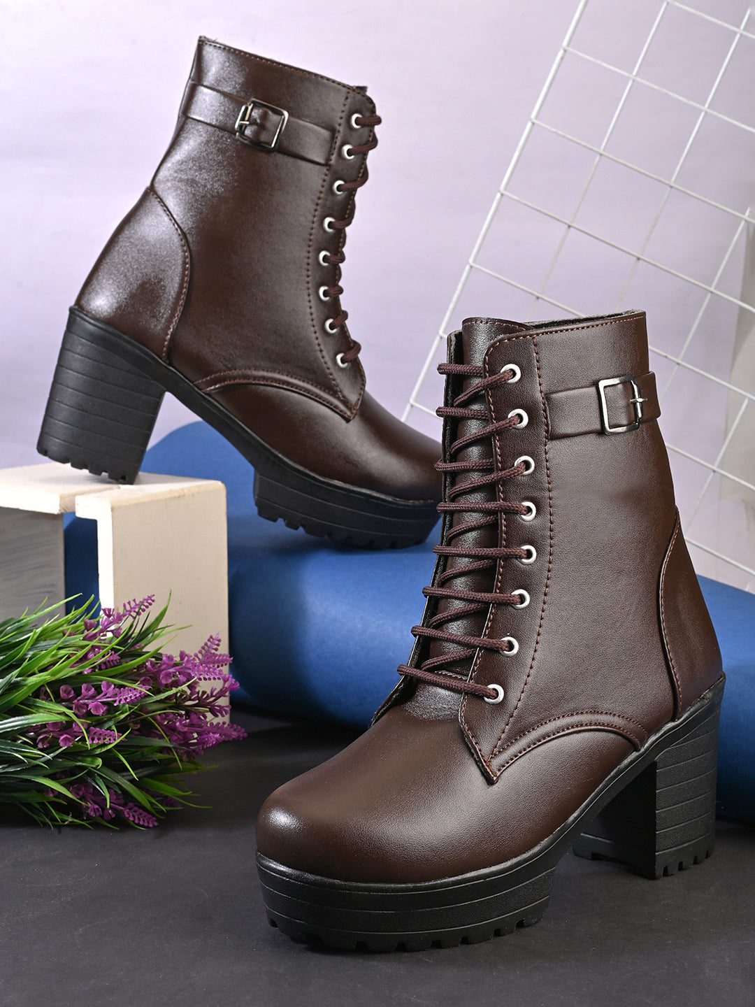 Women’s Buckle Strap Lace-Up Ankle Boots