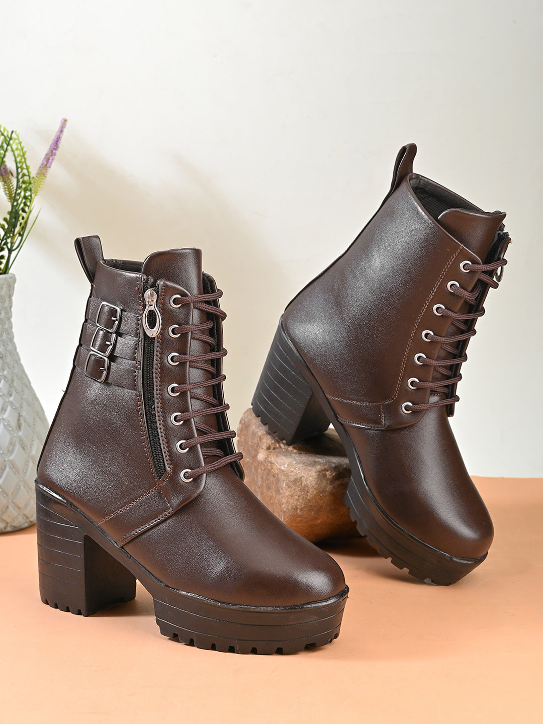 Women’s Triple Buckle Lace-Up Ankle Boots