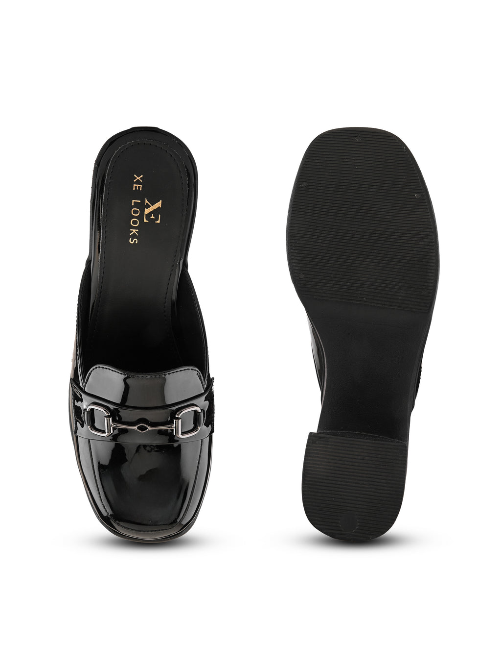Elegant Patent Mule Loafers with Metal Chain Detail