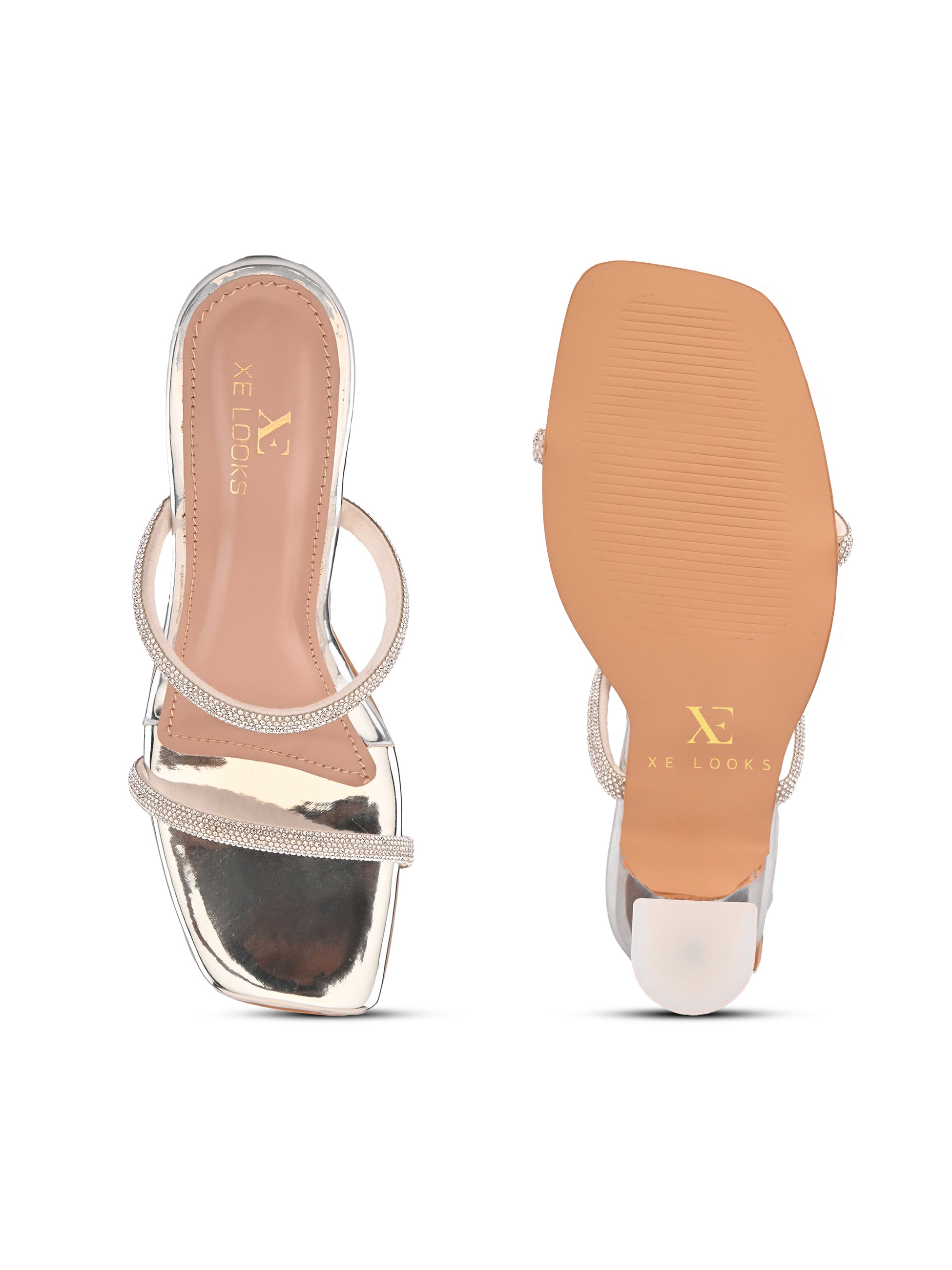 Rhinestone Double Strap Transparent Sculpted Heel Sandals