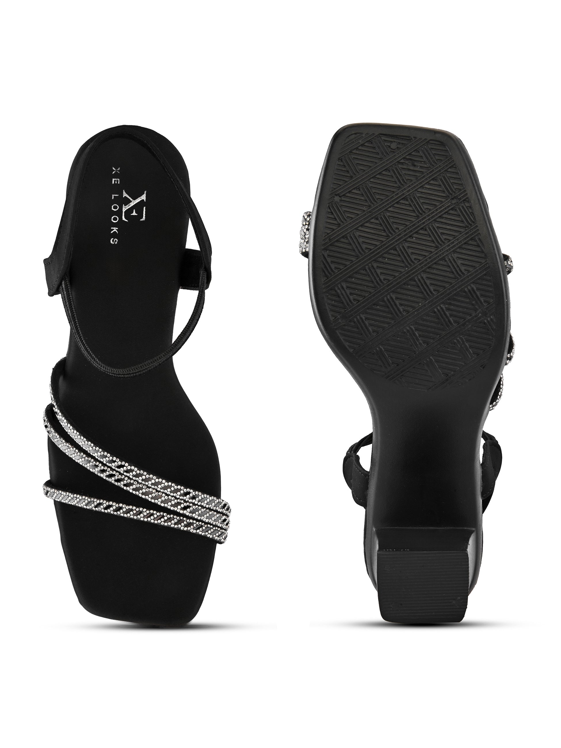 Rhinestone Strappy Soft Cushioned Block Heel Sandals